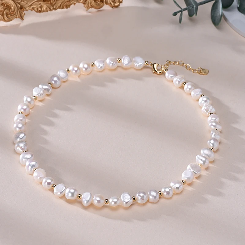 Collar de perlas naturales de agua dulce con forma barroca, cuentas pequeñas doradas, cadena de plata de ley S925, joyería de moda, regalos para mujer