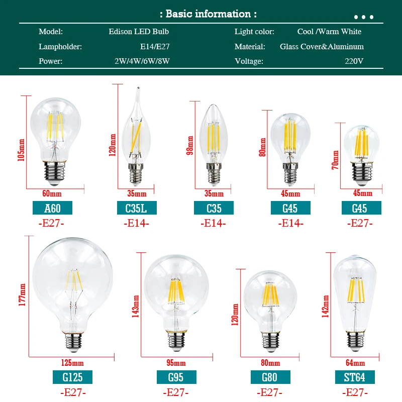 Bombilla de filamento LED E27 lámpara Retro Edison 220V 2W 4W 6W 8W E14 luz de vela Vintage globo iluminación de araña COB luz de decoración del hogar