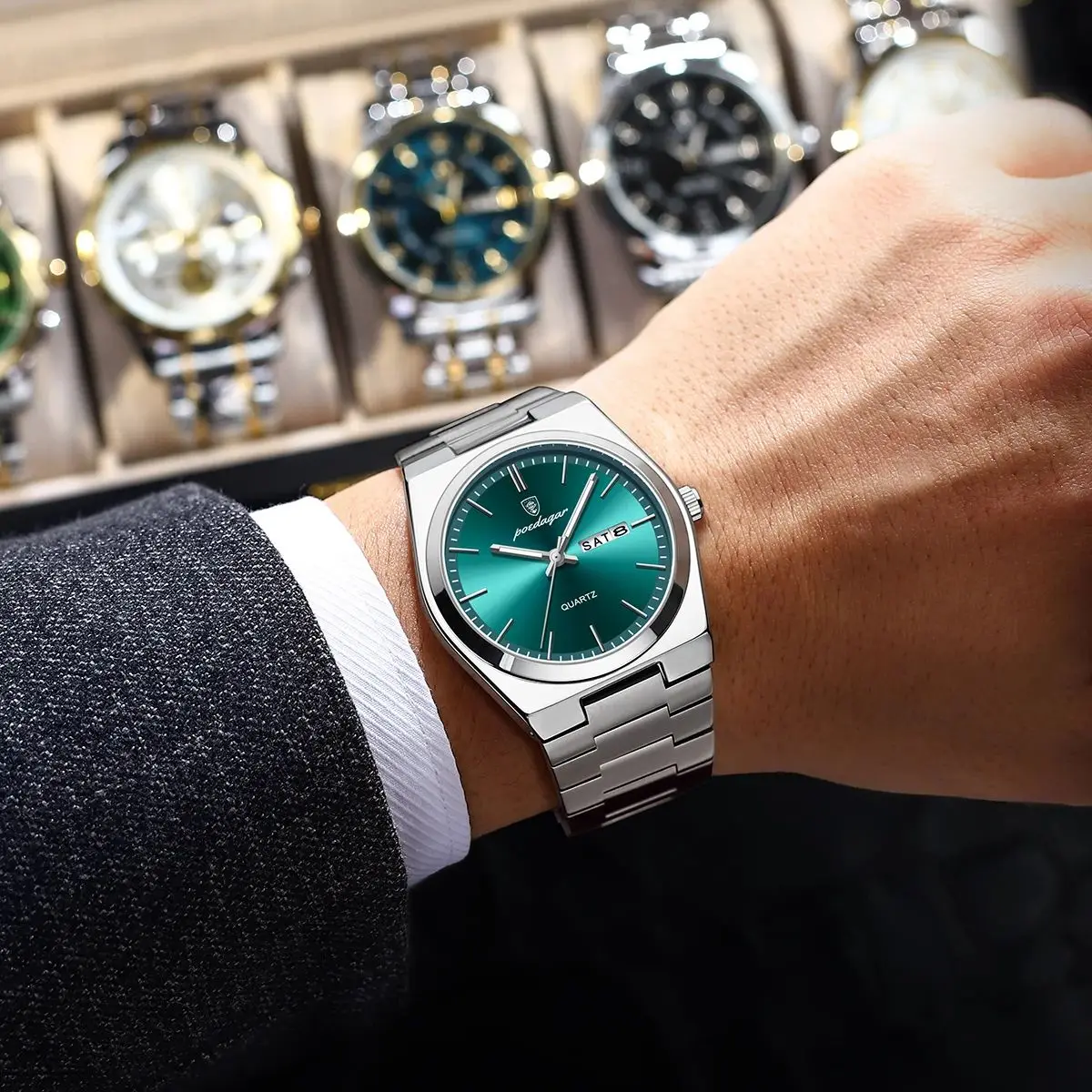 POEDAGAR, relojes de lujo para hombre, Reloj luminoso resistente al agua con fecha y semana para hombre, Reloj de pulsera informal de acero inoxidable a la moda de cuarzo para hombre, Reloj