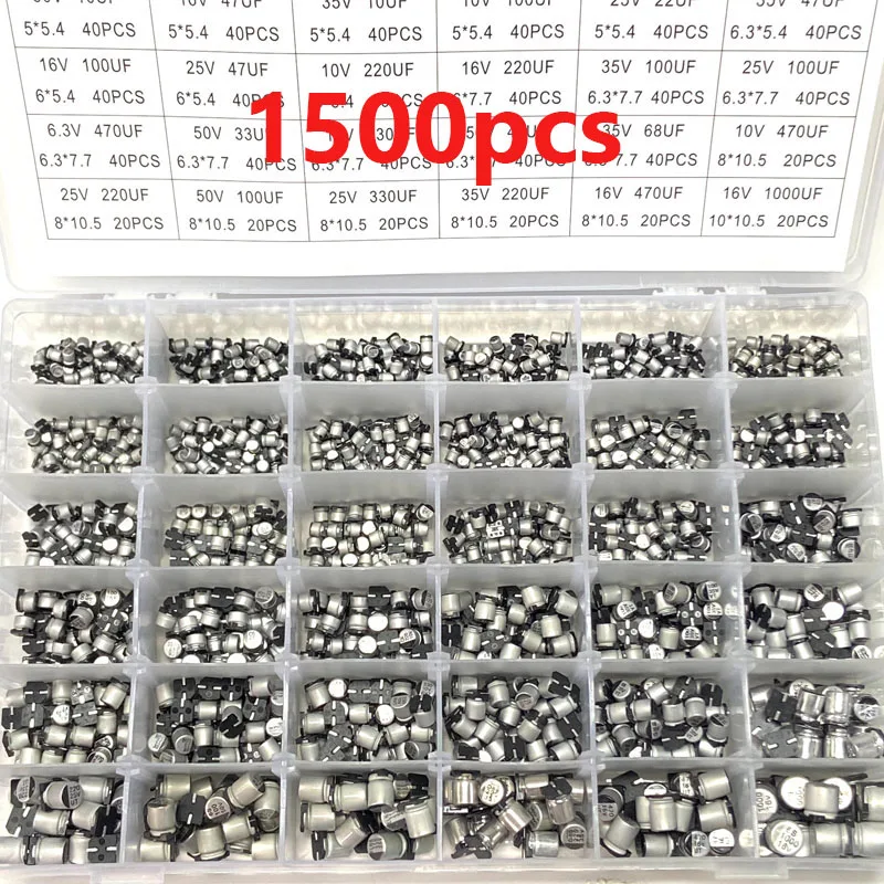 Condensadores electrolíticos de aluminio, Chip SMD de 1500 piezas, caja de muestra de 36 valores, condensadores electrolíticos de aluminio 1UF ~ 1000UF 4V-60V