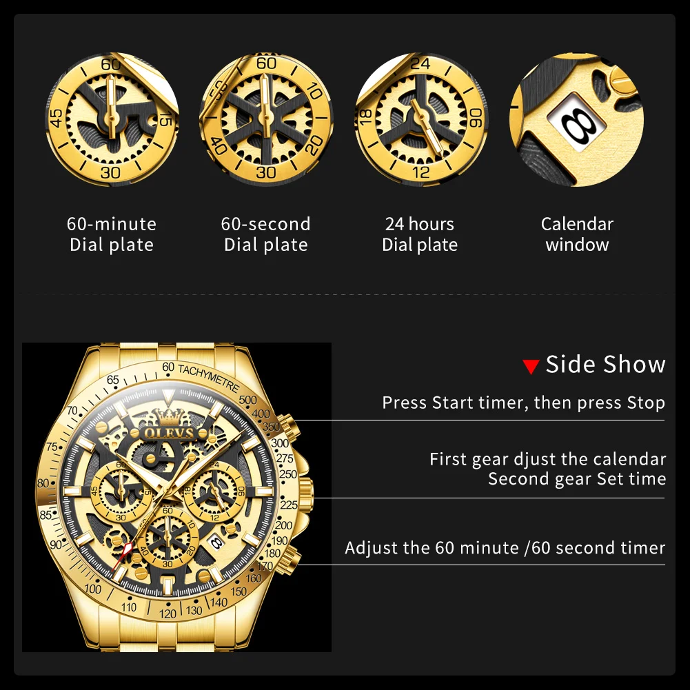 Relojes de hombre OLEVS de lujo, color dorado, con esqueleto completo, cronógrafo de acero inoxidable, resistente al agua, luminoso, de cuarzo.