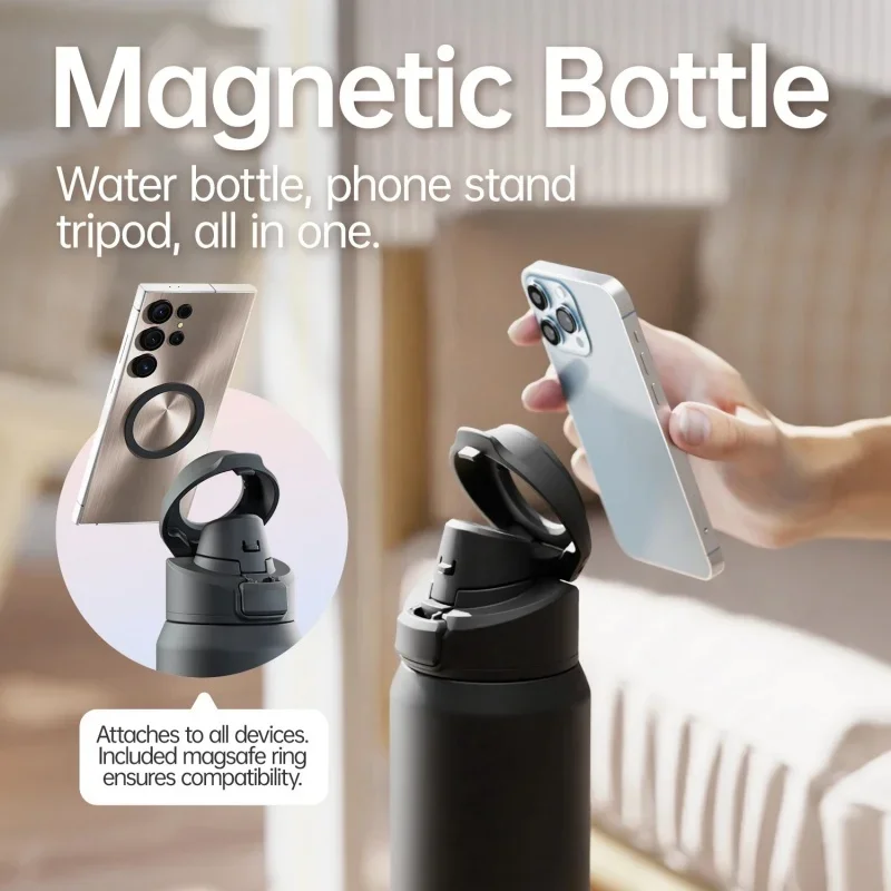 Botella de agua deportiva de acero inoxidable Fjbottle 710/950ML con soporte magnético para teléfono, tapa abatible, taza aislante, termo magnético.