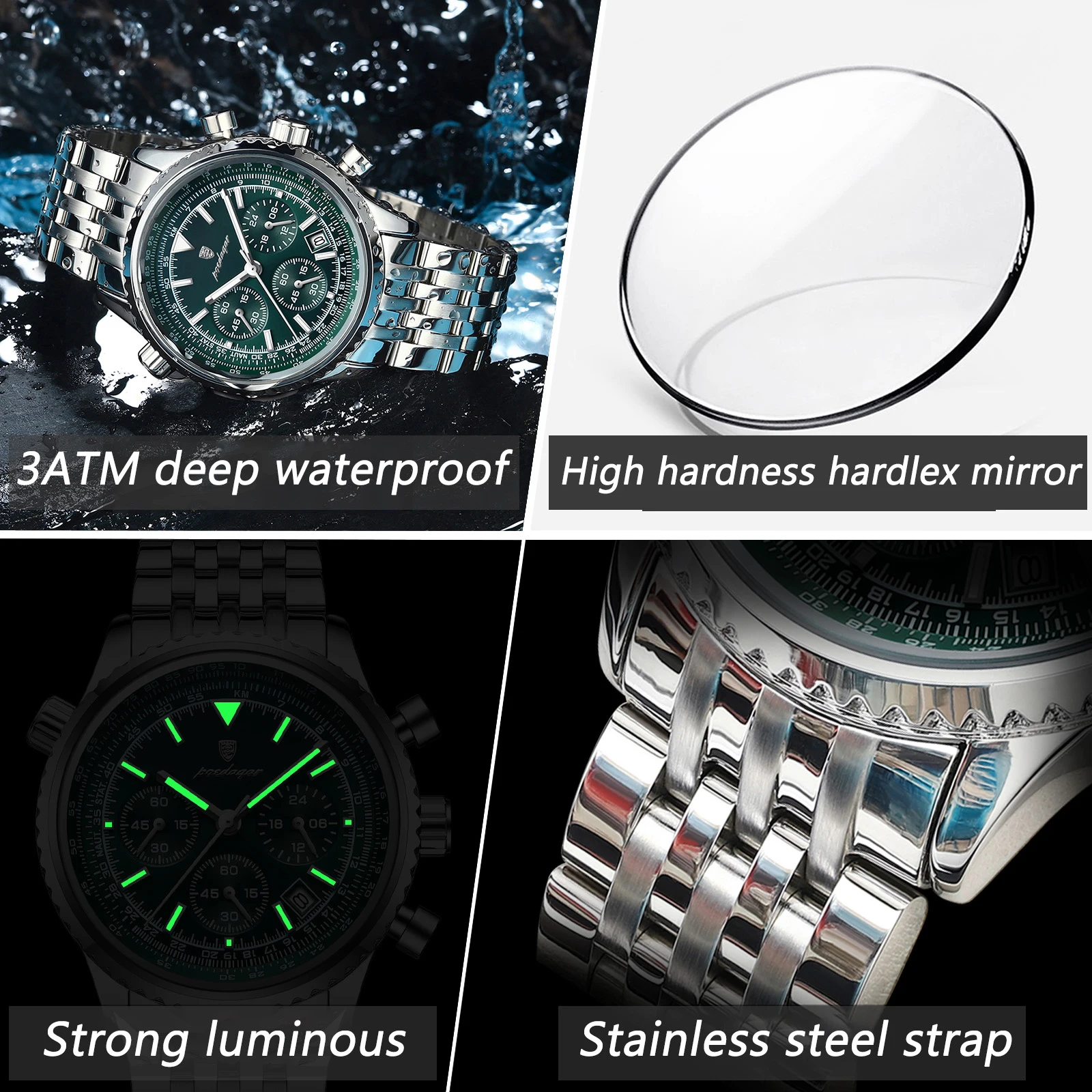 POEDAGAR relojes de lujo para hombre con cronógrafo y fecha, reloj deportivo de acero inoxidable para hombre, reloj militar de cuarzo luminoso resistente al agua para hombre
