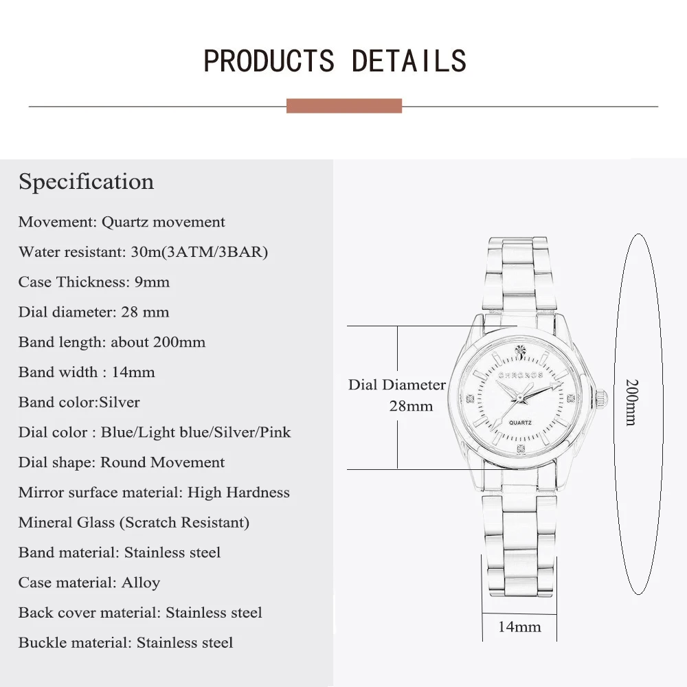 Reloj CHRONOS elegante para mujer, reloj de pulsera de marca a la moda de lujo para mujer, movimiento de cuarzo, regalo de acero inoxidable para novia