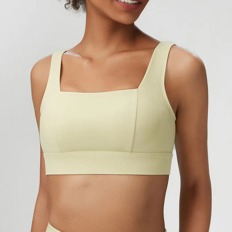 Sujetador de Yoga con cuello cuadrado para mujer, ropa interior deportiva ajustable con espalda Sexy de Color sólido, Top corto transpirable para gimnasio y correr, ropa deportiva