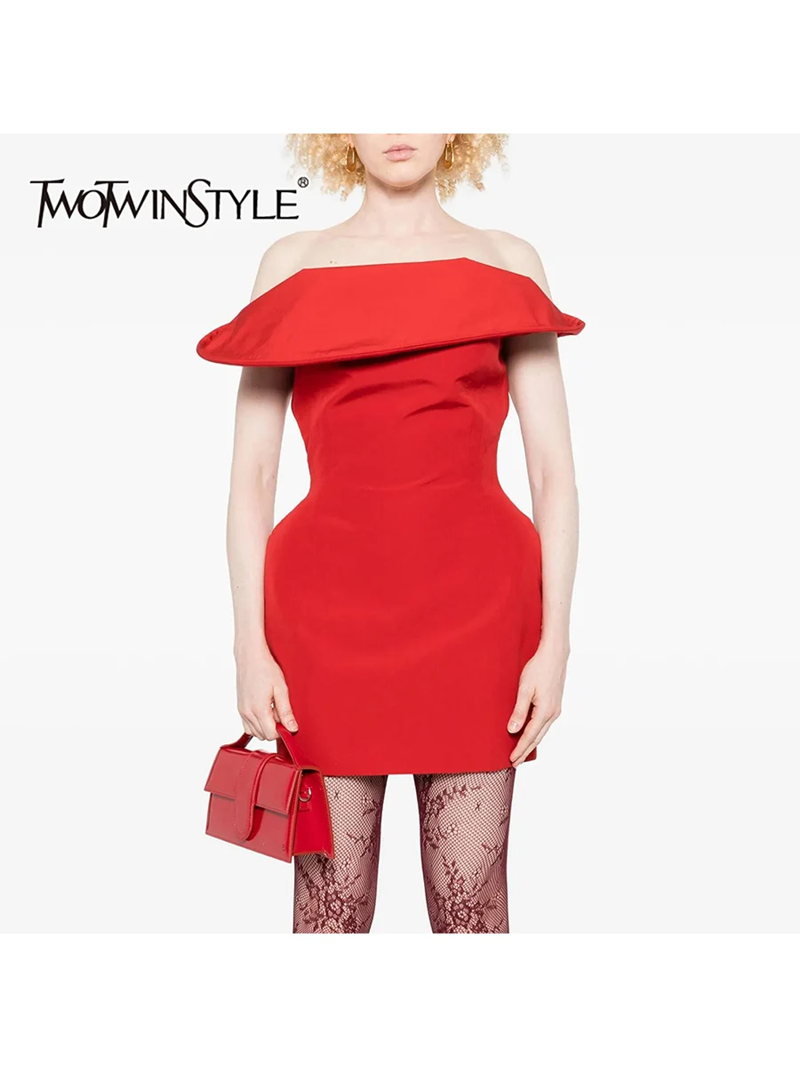 TWOTWINSTYLE, vestidos minimalistas adelgazantes lisos para mujer, cuello oblicuo, hombros descubiertos, diseño de túnica, Mini vestido con sentido, ropa femenina