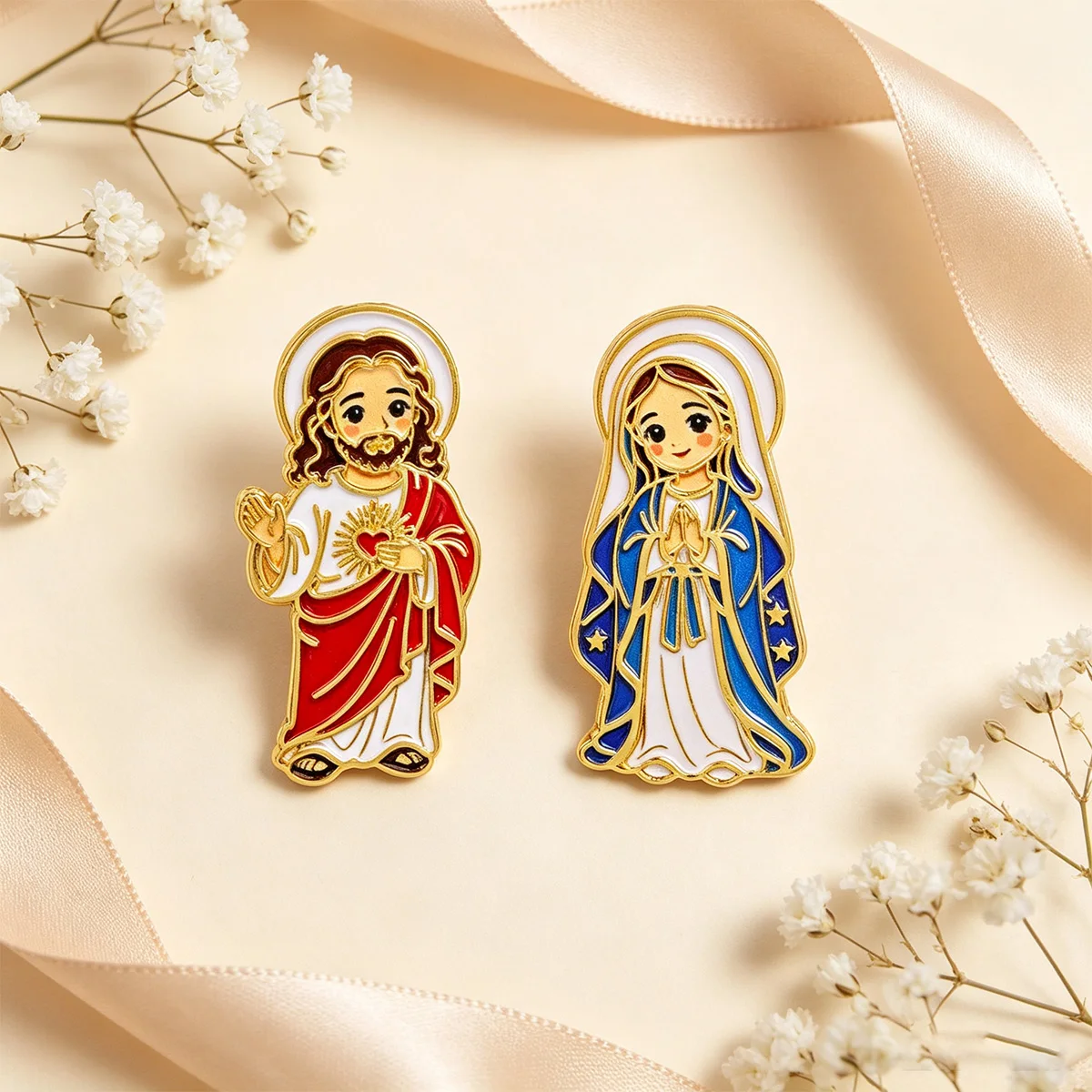 Juego de 2 broches de esmalte de Jesús y la Virgen María para abrigos, broches vintage, insignias de metal para cuello y solapa, regalo de joyería