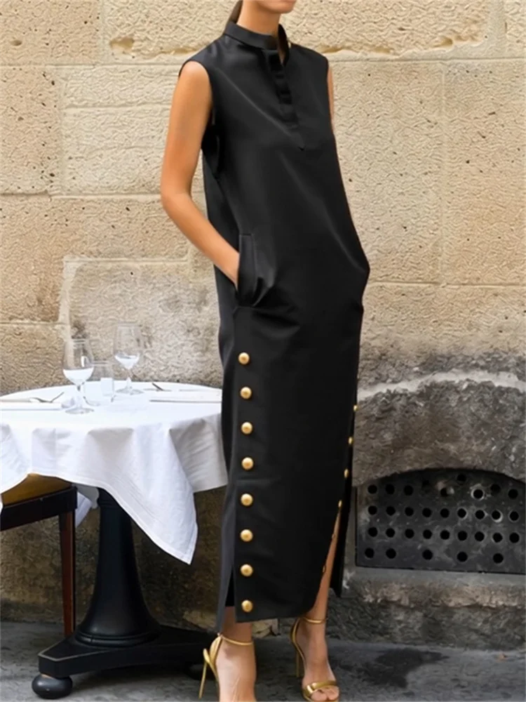 Vestido de Noche Yeezzi para Mujer, con Botones Laterales, Cuello Alto, Sin Mangas, Color Sólido, Corte en H, Estilo Casual, Nuevo 2026