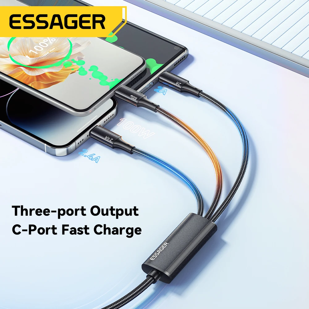 Essager Cable de 100W USB C a tipo C para iluminación PD cargador rápido datos 3 en 1 Cable de carga rápida para Macbook iPhone Samsung Xiaomi