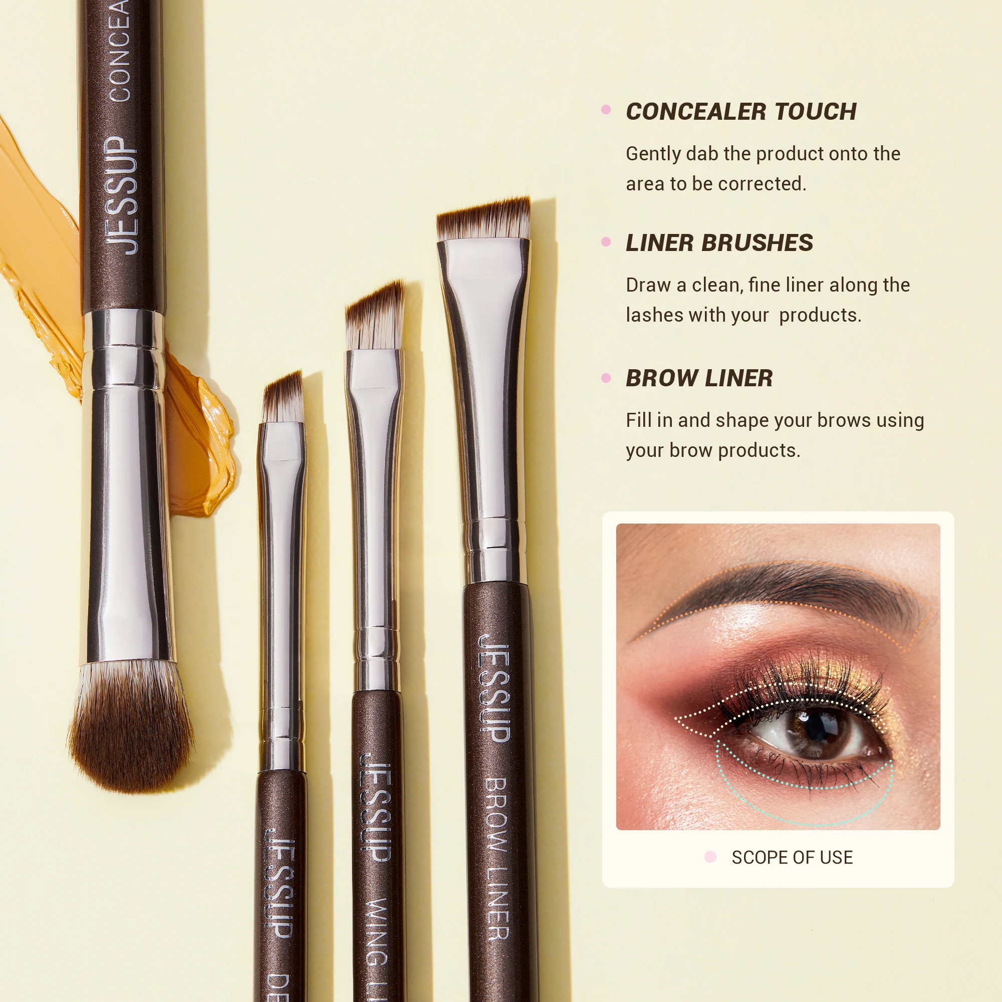 Jessup Juego de brochas de maquillaje para ojos, profesional, 15 Uds., brochas para sombra de ojos, corrector vegano, delineador de cejas, brocha para mezclar, marrón, T499