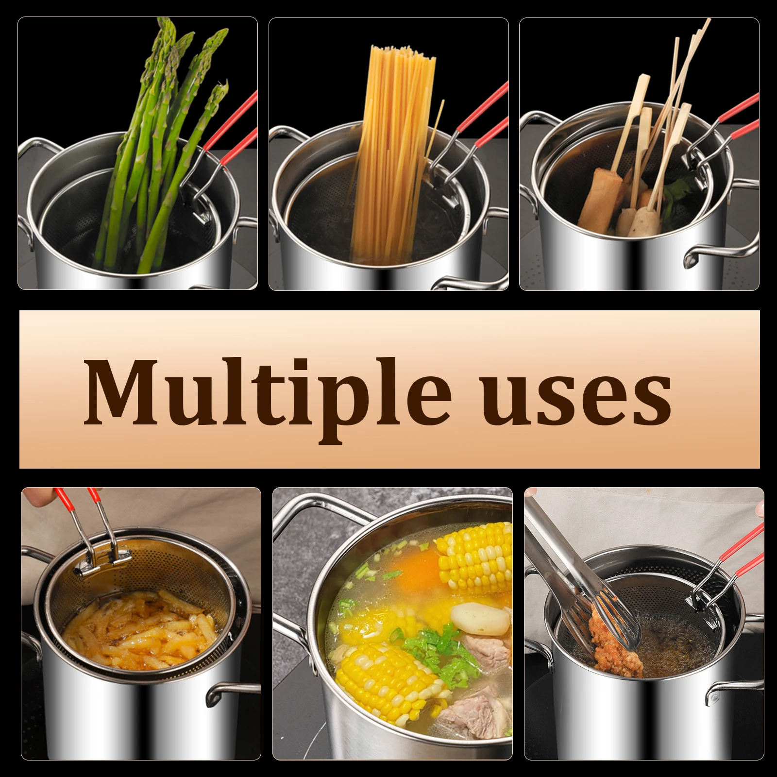 Olla para freidora de acero inoxidable 304, olla para freír con cesta y tapa, freidora de calidad alimentaria, olla para freír multifuncional de 3,2 cuartos
