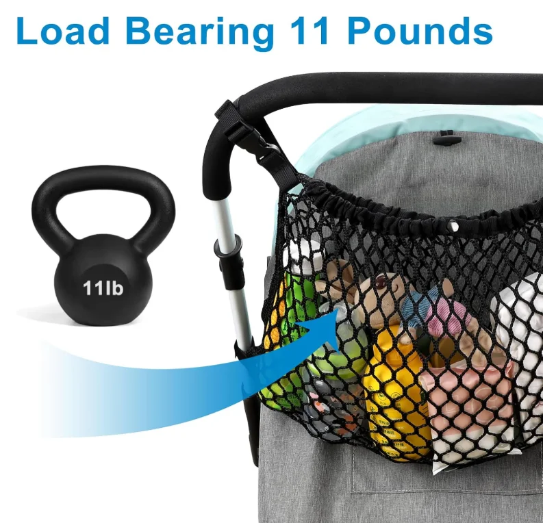 Bolsa de almacenamiento universal para cochecito de bebé, bolsa de malla de poliéster, adecuada para cochecitos, antideslizante y ajustable, accesorios para bolsa de almacenamiento de malla para cochecito, 1 pieza