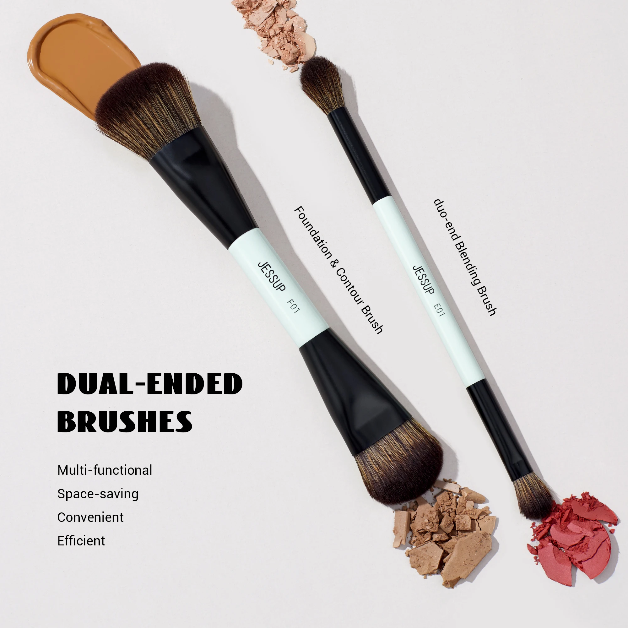 Jessup Juego de 2 brochas de maquillaje de doble cara, kit de brochas profesionales para base, contorno, colorete, sombra de ojos y difuminado T502