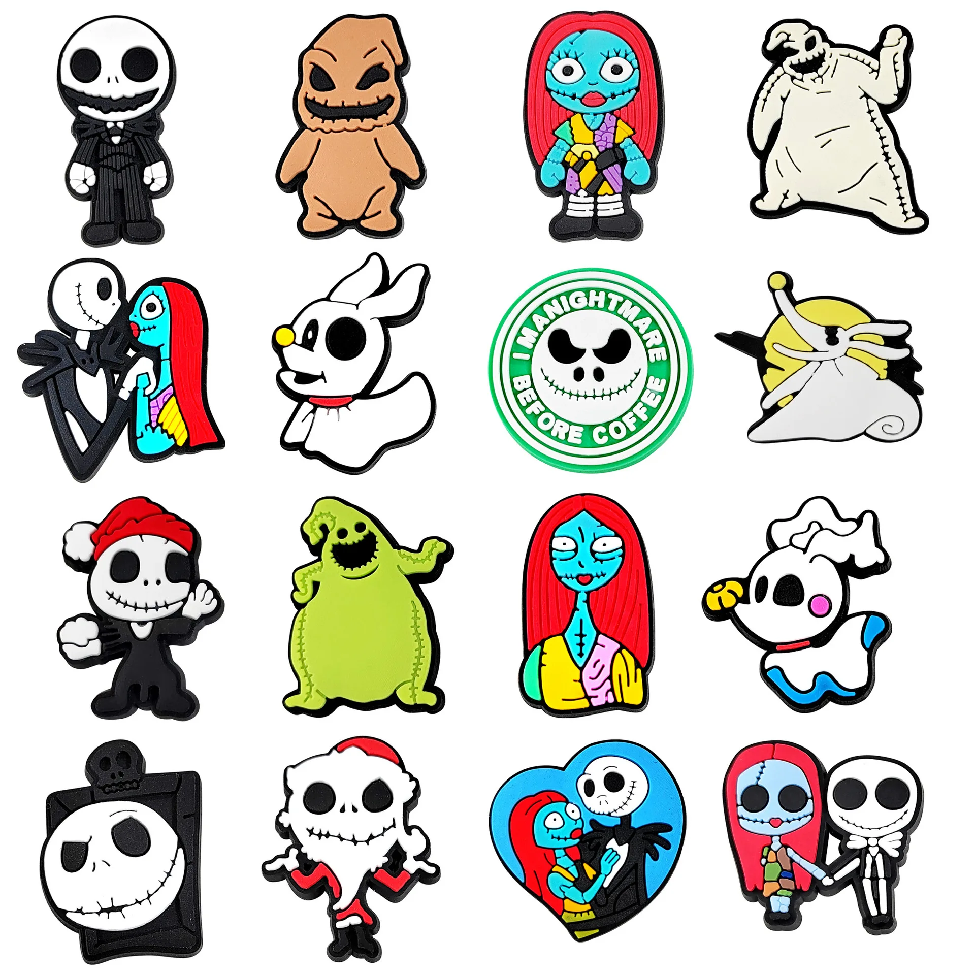 Mesuca 16 piezas de dijes de PVC de dibujos animados de Pesadilla Antes de Navidad para zapatos, accesorios DIY para zapatos de jardín, adornos de Halloween