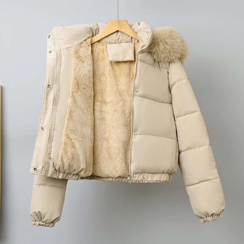 Parkas cortas de invierno para mujer, ropa acolchada de algodón, prendas de vestir exteriores gruesas de terciopelo, abrigos con capucha extraíbles con Cuello de piel, chaquetas cálidas