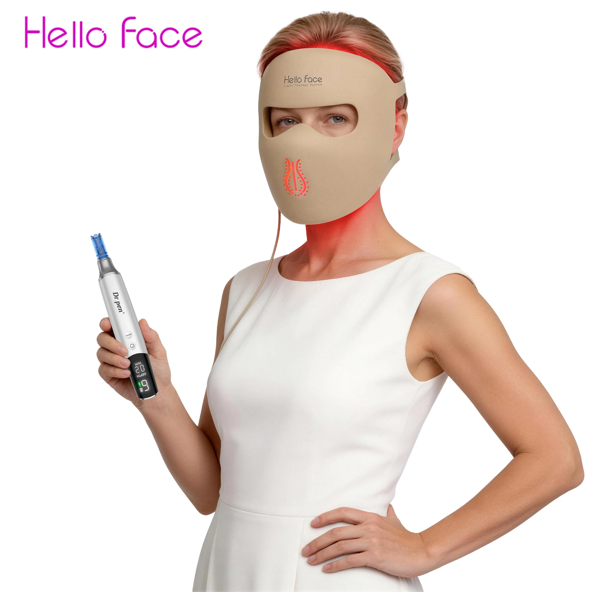 2 en 1 M9 Dr. Lápiz de Microneedling con Chip de Aguja de ≤0.25mm y Control de Valor, Combo con Máscara de Silicona LED de Fotones Hello Face M300