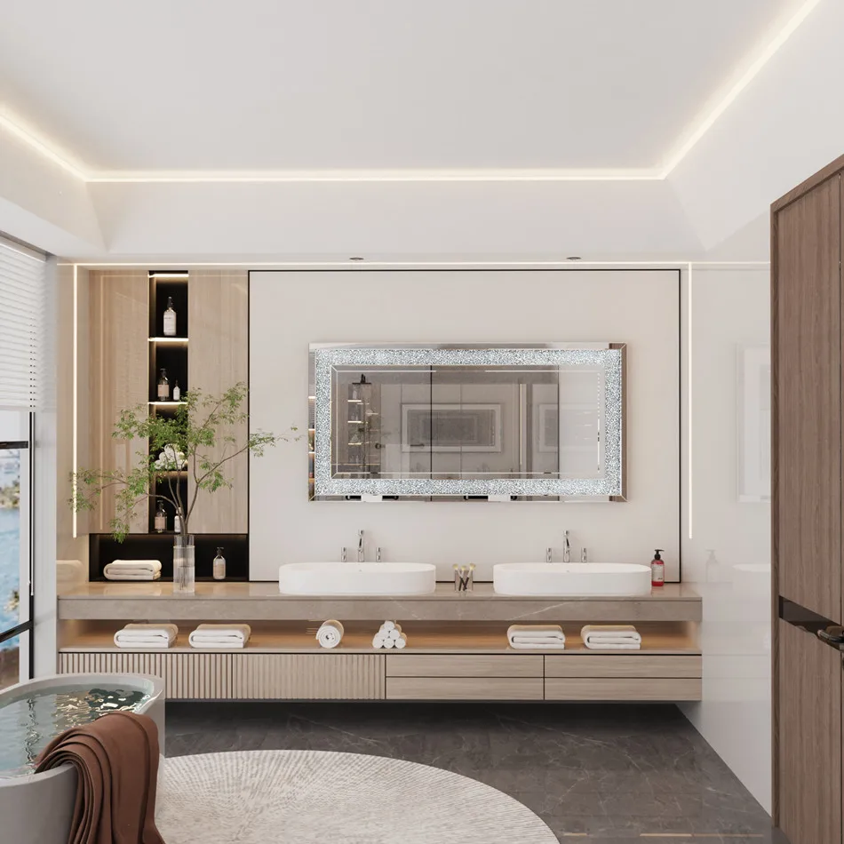 LUVODI Espejos de tocador sin marco con diamantes de imitación de cristal brillante plateado grande Espejo de tocador montado en la pared para el hogar/Hotel
