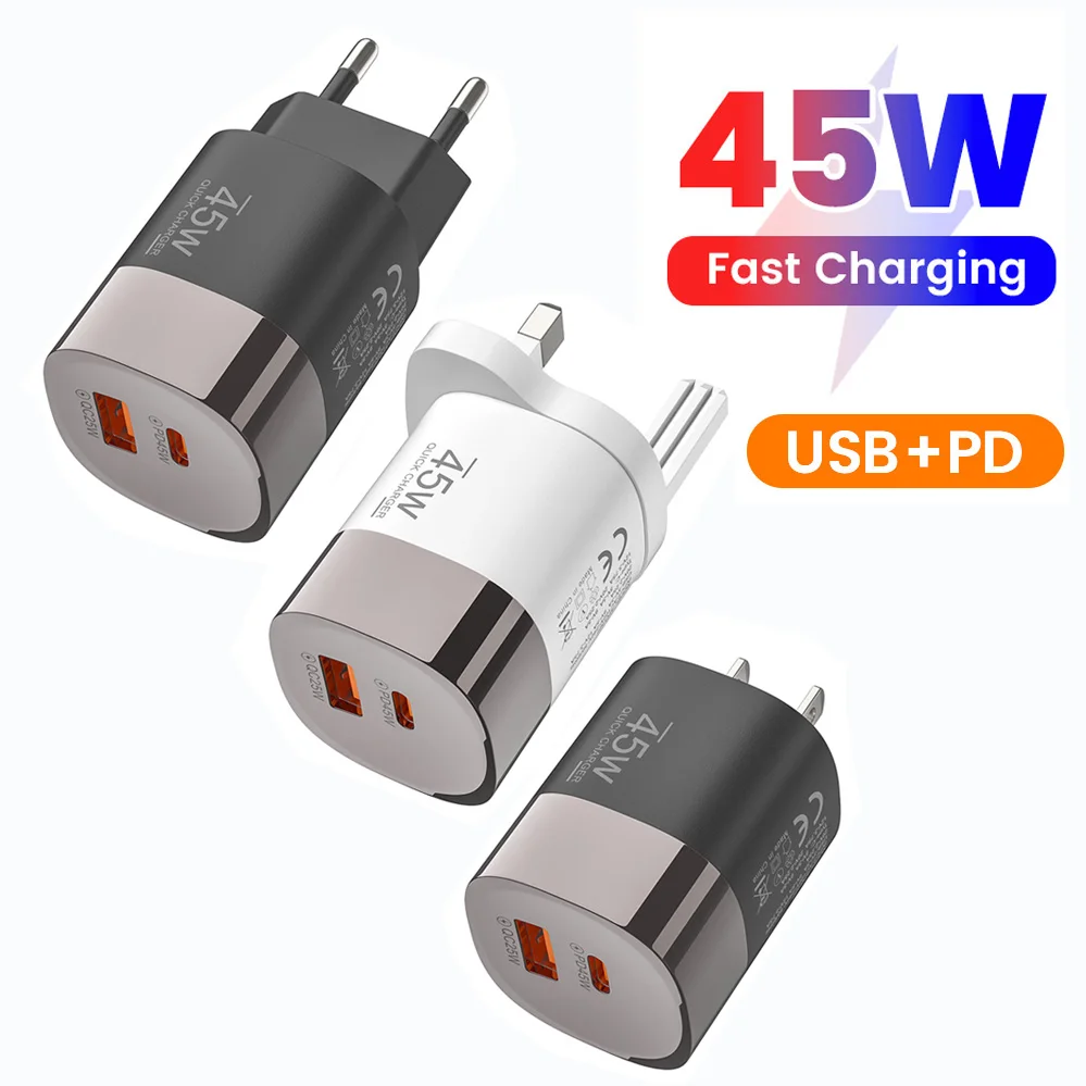Cargador USB tipo C de 45W, 2 puertos PD, carga rápida para teléfono móvil, cargador de pared USB EU/UK/US, QC3.0, supercarga para iPhone, Samsung, Poco