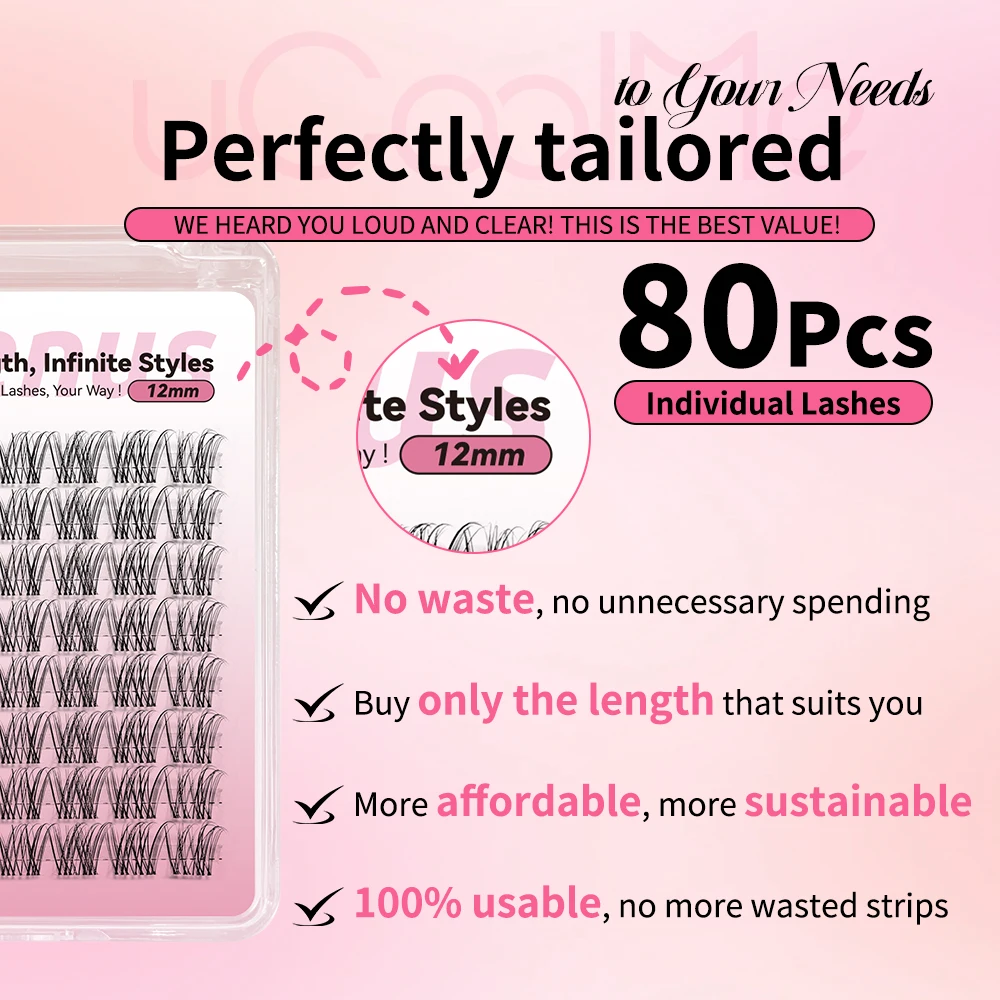Pestañas Postizas uCoolMe Lashes Venus de Longitud Única, 80 Piezas, Banda Invisible, 8, 10, 12, 14, 16 mm, Extensiones de Pestañas de Tamaño Uniforme y Cero Desperdicio