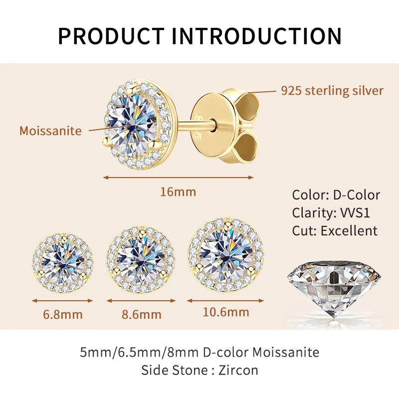 Lnngy-pendientes de moissanita brillantes de 5MM, 6,5 MM y 8MM, aretes redondos de Plata de Ley 925, regalo de joyería para mujer