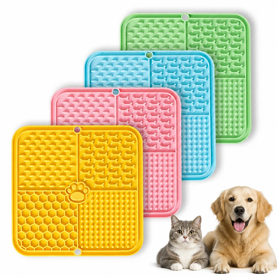 Alfombrilla de silicona de grado alimenticio para alimentación lenta de 15.5x15.5cm con fuerte ventosa, tapete anti-golpeo para comida de perros y gatos