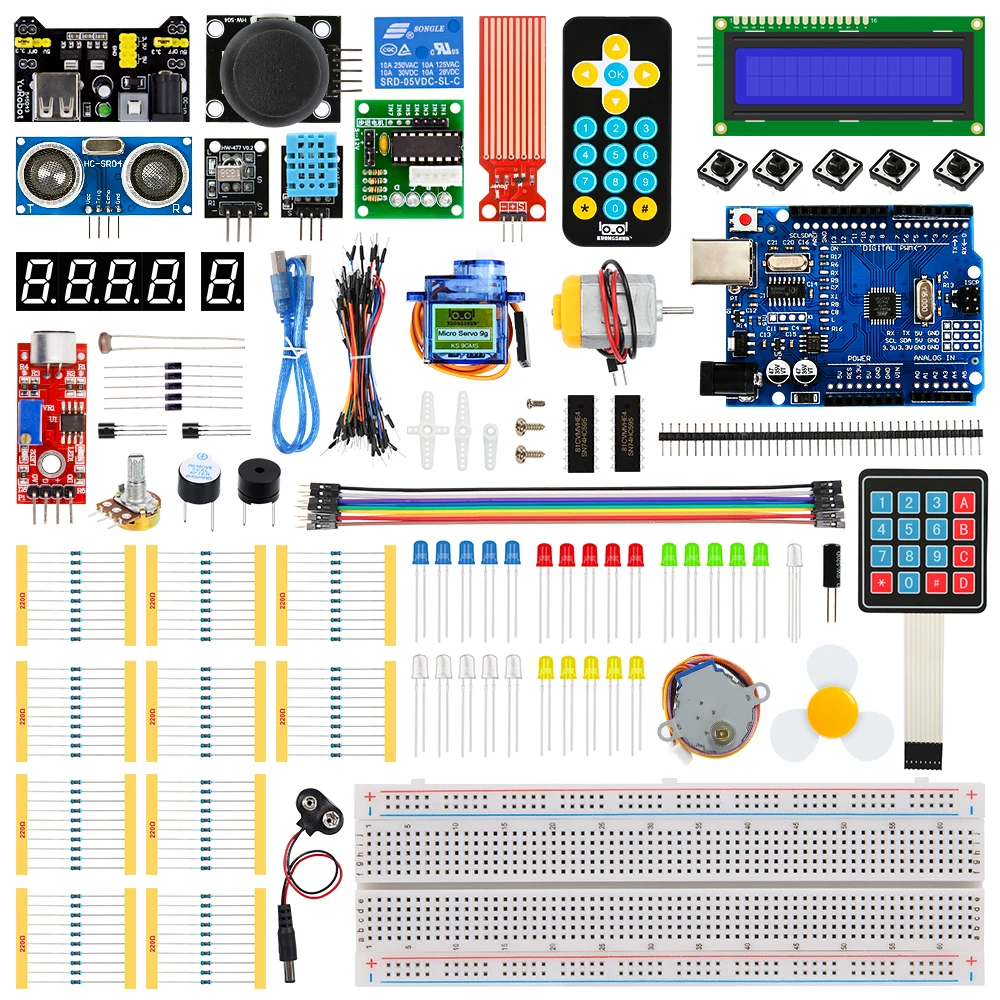 KUONGSHUN Super Starter Kit que incluye placa de pruebas 1602 IIC Jumper Wire Set R3 para Arduino UNO con tutorial