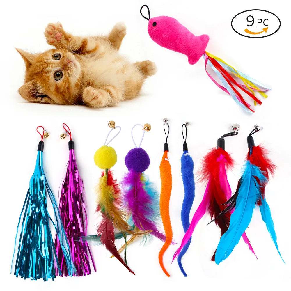 Paquete de 9 plumas de repuesto coloridas para varitas de gato, juego de juguetes interactivos para gatos con borlas y cañas de pescar