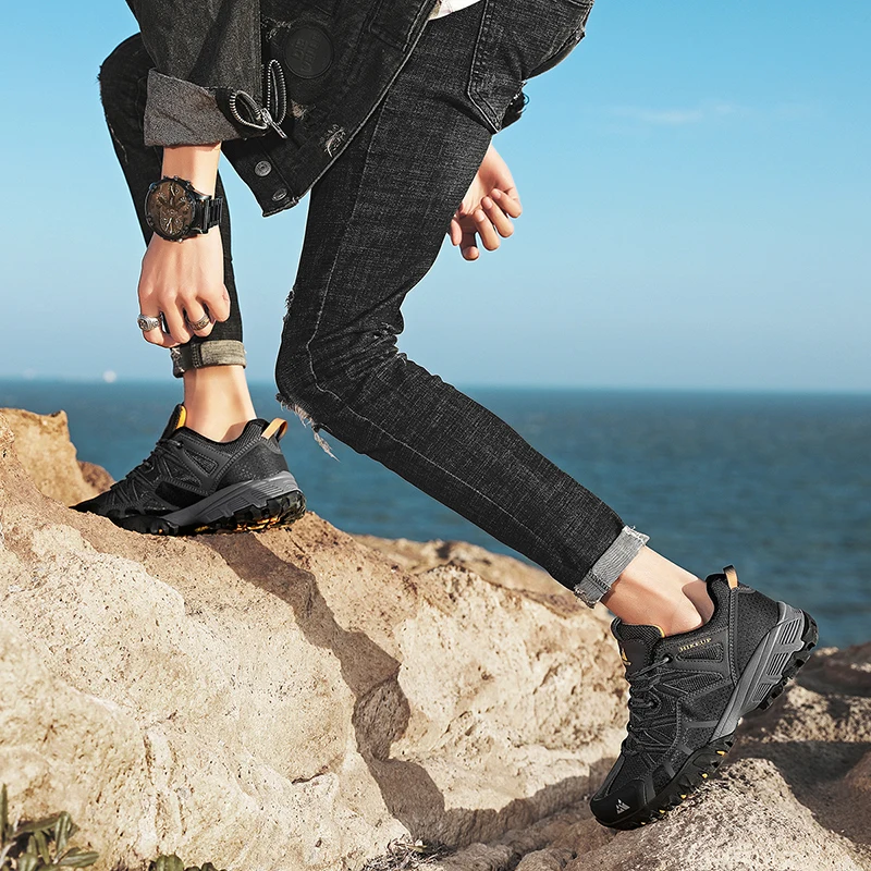 HIKEUP, zapatos de senderismo para hombre, zapatos de escalada de tela de malla, zapatillas de Trekking al aire libre para hombre, suela de goma, salida de fábrica