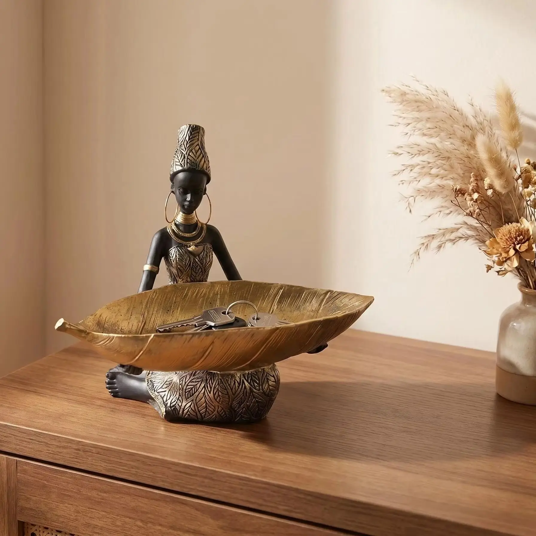 Escultura de plato de chica africana, adorno decorativo de almacenamiento para el hogar y la oficina, decoración de escritorio artesanal coleccionable Vintage