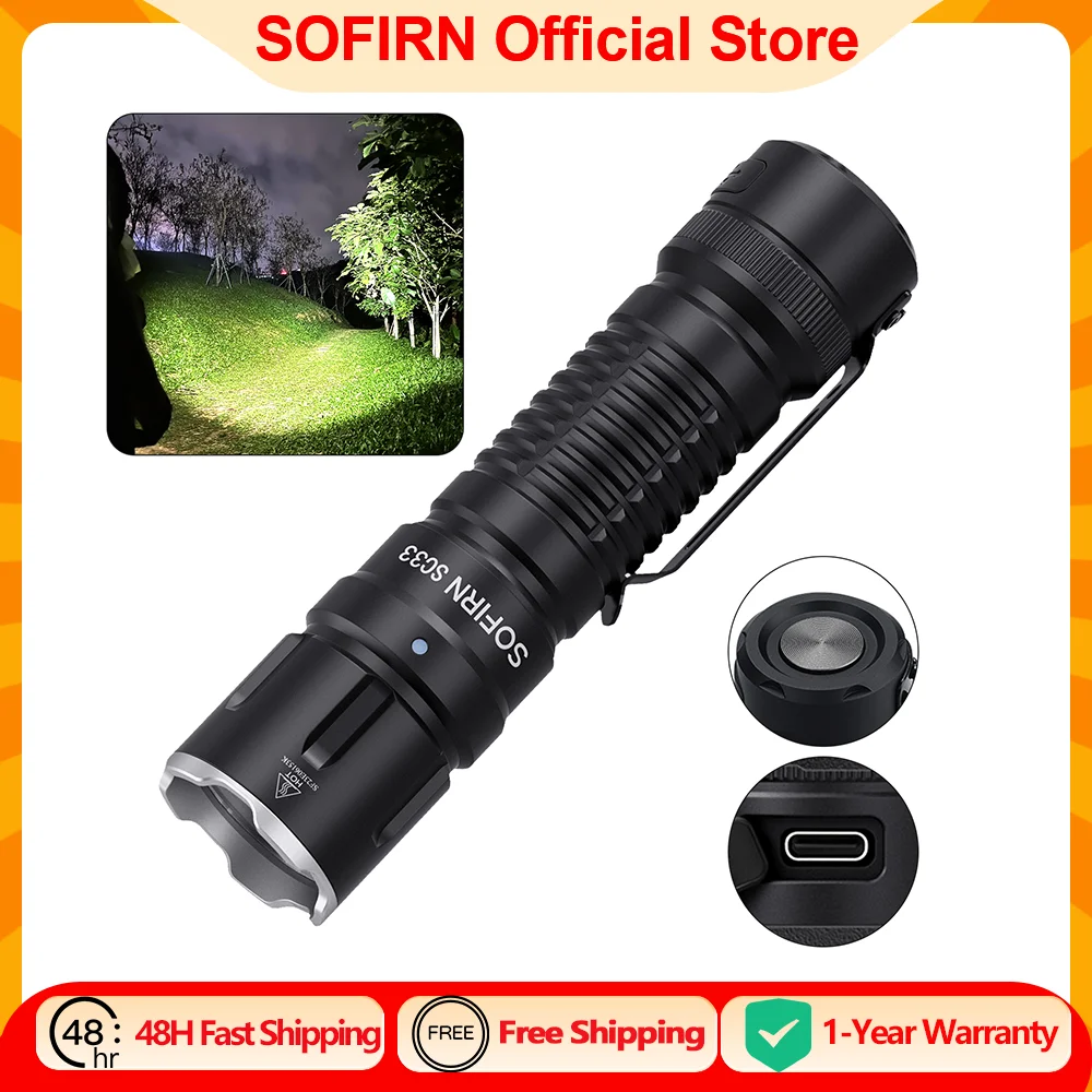 Sofirn SC33 5200 lumen Linterna LED XHP70.3 HI Linterna táctica Potente linterna recargable 21700 USB C con interruptor de cola E iluminación externa, potente linterna para caza, uso policial, defensa personal