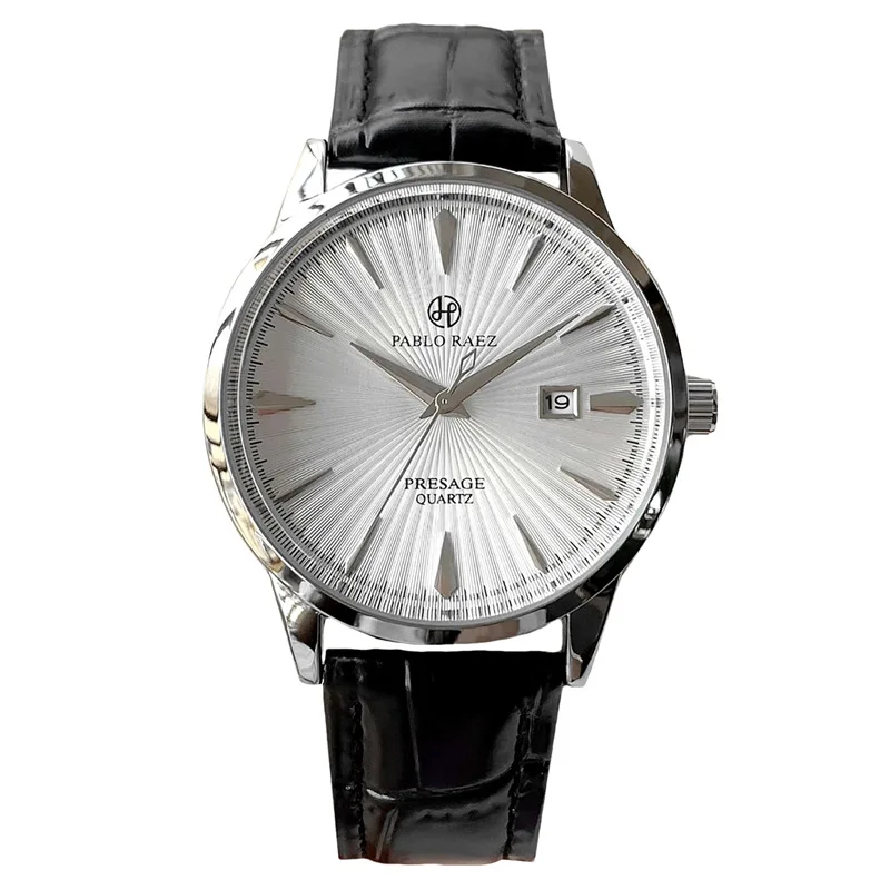 Reloj de pulsera de cuarzo para hombre, de marca, de negocios, resistente al agua, con calendario, correa de cuero (incluye caja y batería de repuesto)