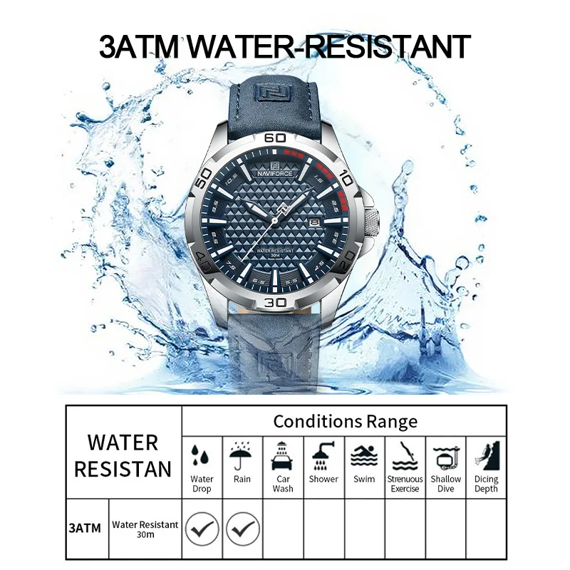 Marca NAVIFORCE, relojes de cuarzo a la moda para hombre, correa de cuero para hombre, relojes de pulsera deportivos impermeables, reloj calendario, reloj Masculino