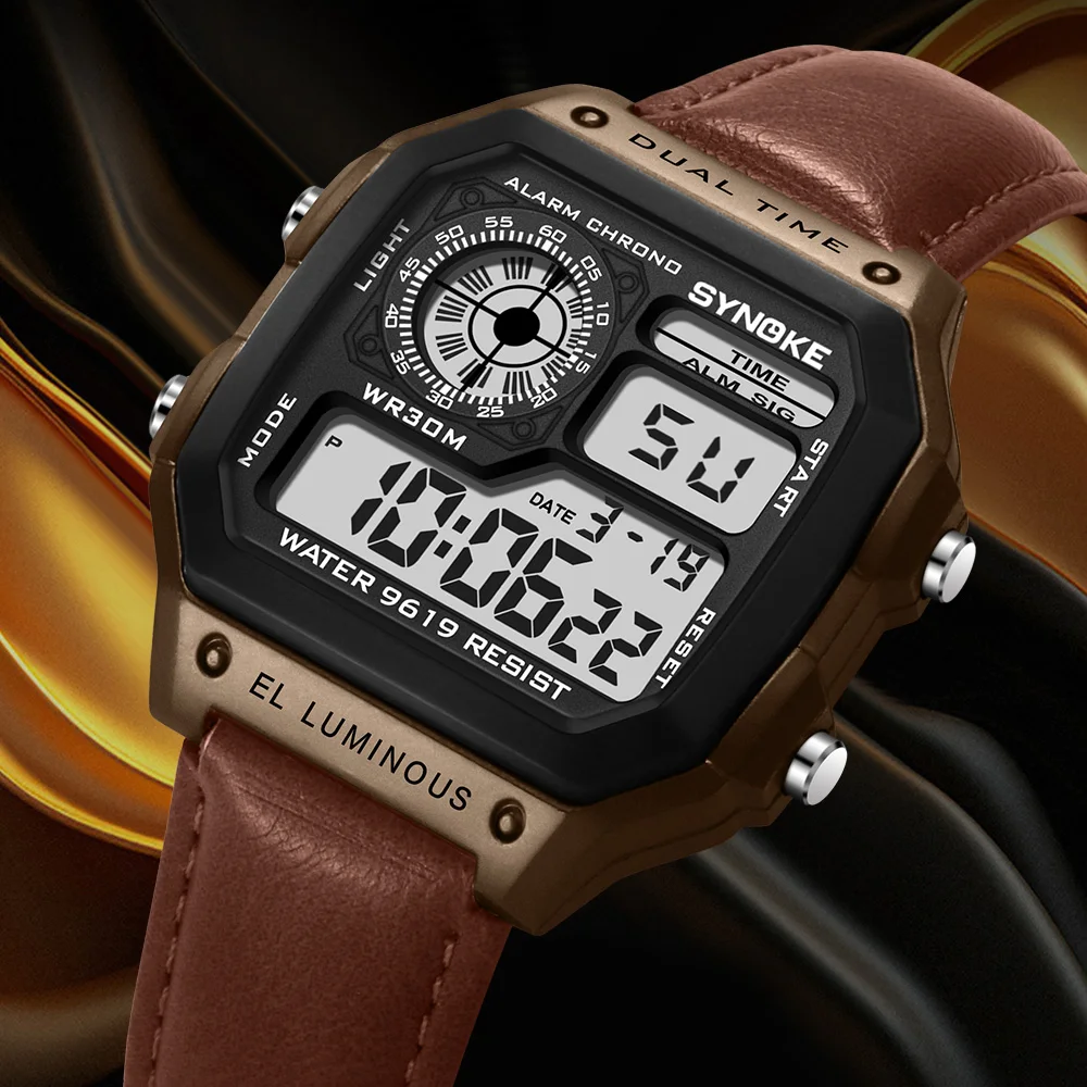 Reloj con correa SYNOKE para hombre, reloj Digital LED luminoso multifuncional para deportes al aire libre, reloj Digital de cuero PU para hombre, moda Retro