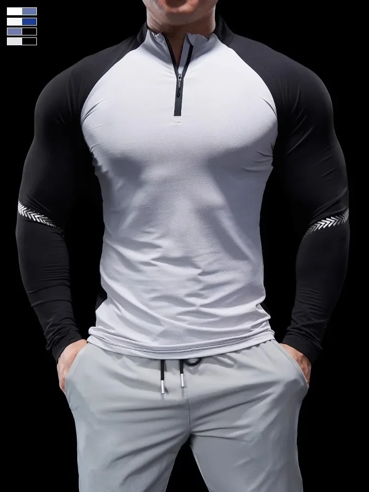 Medias de Otoño Invierno para hombre, ropa de Fitness, camisas POLO, ropa para correr con media cremallera, ropa deportiva elástica de secado rápido de manga larga fina