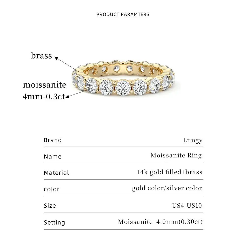 Anillo de eternidad de moissanita de 4 mm certificado por Lnngy, anillo de boda relleno de oro de 14k para mujer, anillo apilable brillante, accesorios de joyería