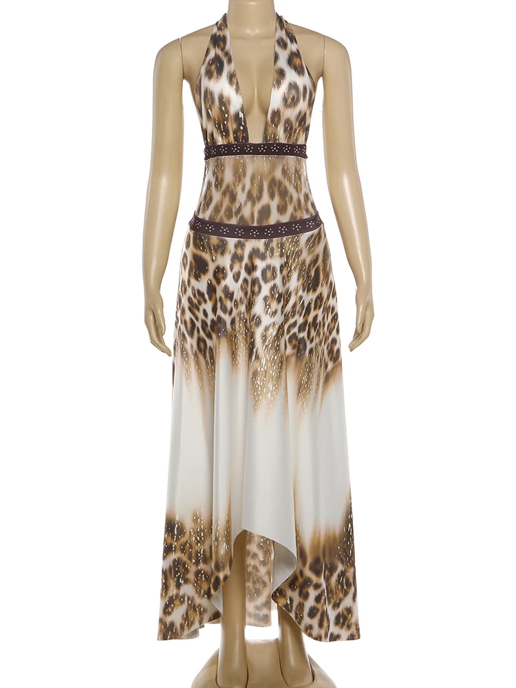 Vestido Largo con Estampado de Leopardo Kliou para Mujer, Estilo Veraniego, con Tirantes, Escote Bajo, Espalda Descubierta, Sin Mangas, para Fiestas Nocturnas