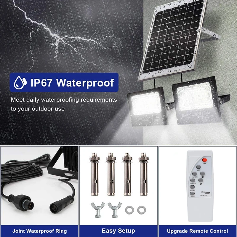 Luz Solar Led de 400W, luz de inundación de 2 cabezales de alto brillo, luz de pared impermeable para jardín al aire libre con panel solar de aluminio para jardín