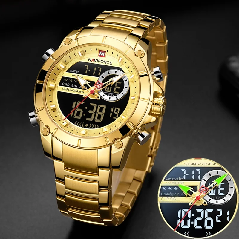 NAVIFORCE 9163 reloj de pulsera deportivo Original de lujo para hombres de cuarzo de acero resistente al agua con pantalla Dual relojes militares reloj Masculino