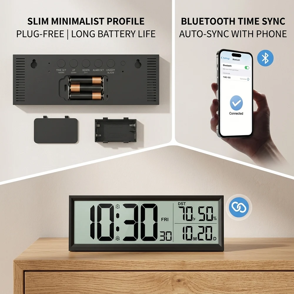 Reloj Despertador Digital con Temperatura, Humedad, Fecha y Día de la Semana, Reloj de Escritorio/Pared para Dormitorio, Hogar, Cocina, Funciona con Pilas, 8 Pulgadas
