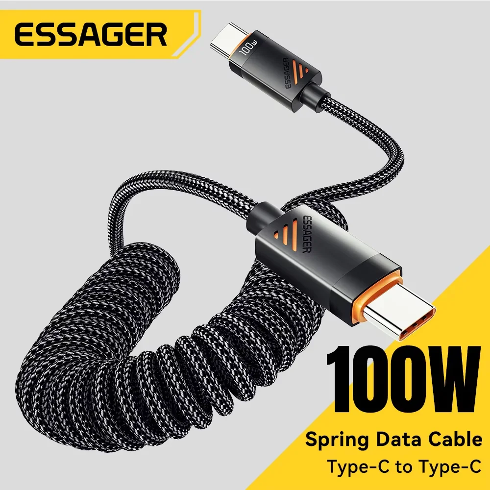 Cable Essager tipo resorte para coche C para iPhone 17 16 15 Pro Xiaomi Samsung 100W PD carga rápida para Macbook iPad Cable tipo C a C