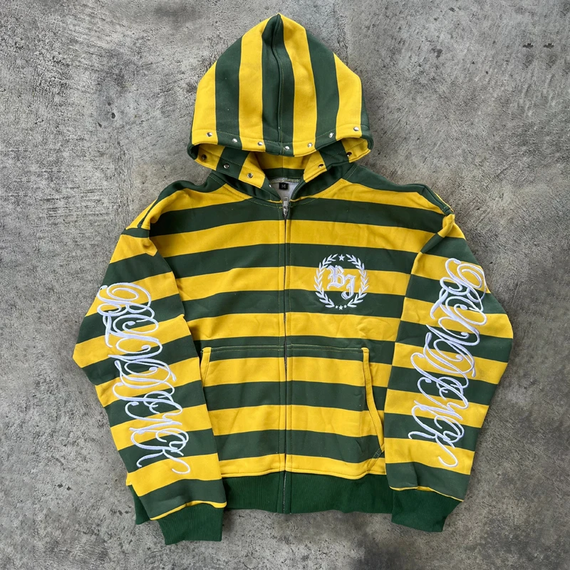Y2K Street Kid Sudadera con capucha con cremallera raya remache bordado patrón sudadera nuevos hombres Hip Hop moda ropa de calle Unisex ropa Boxy