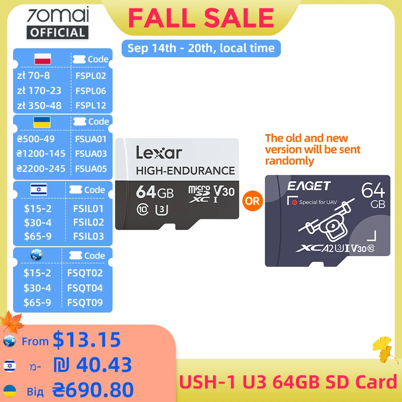 Tarjeta Micro SD de alta resistencia, 32GB, 64GB, 128GB, USH-3 para cámara de salpicadero 70mai 4K A810 A800SE A800S A510 A500S M310 S500, tarjeta EAGET
