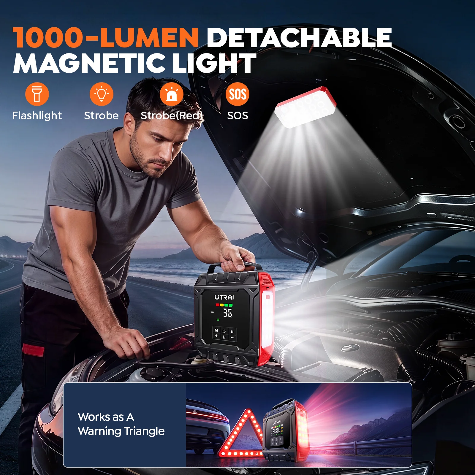 Arrancador de coches UTRAI 8000A con compresor de aire, panel de luz magnético extraíble y luces de camping para exteriores, arrancador de emergencia.