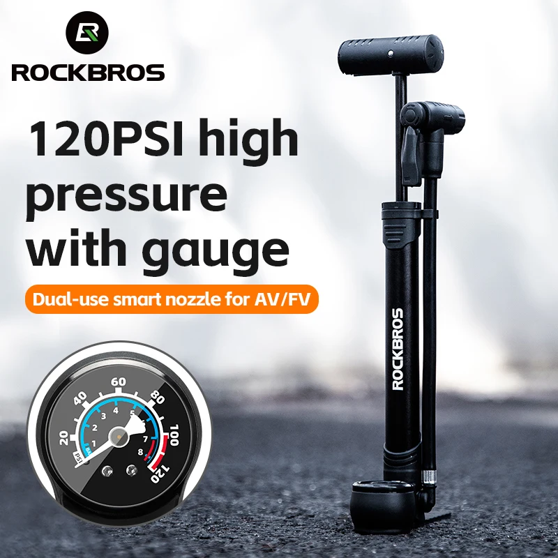 ROCKBROS-bomba de aire portátil para bicicleta, inflador de mano ultraligero con manómetro, 120PSI, Presta Schrader, MTB