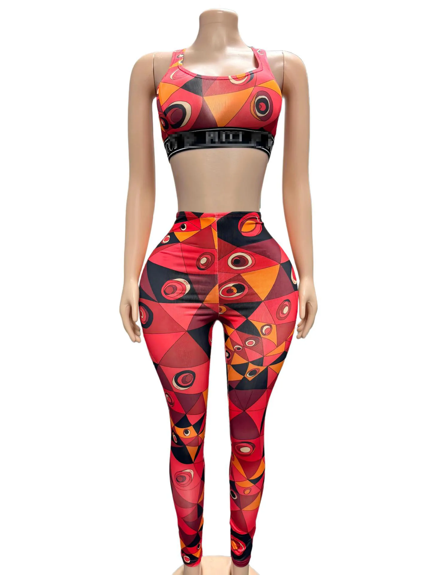 Conjunto de Dos Piezas con Estampado Abstracto de Triángulos y Círculos para Mujer, Top Corto sin Mangas y Pantalones Largos, Ropa Deportiva Sexy para Club