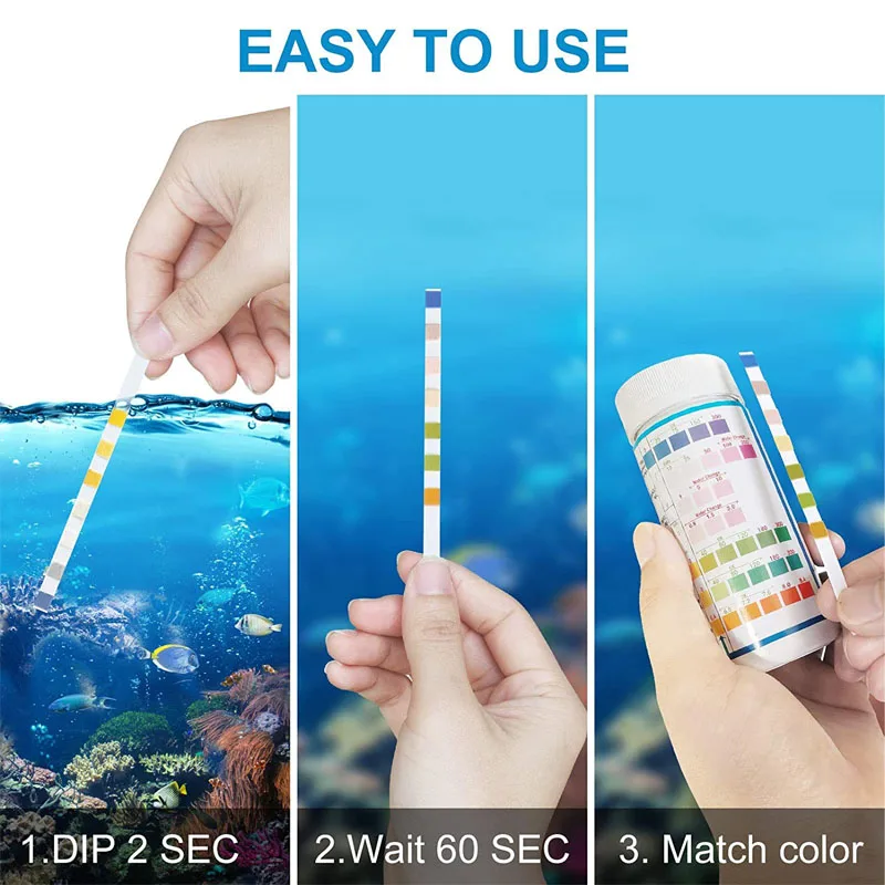 Tiras de prueba de acuario 7 en 1, Kit de prueba de tanque de peces de agua dulce y salada de 100 piezas para detectar PH NO3 NO2 GH KH CI TCL