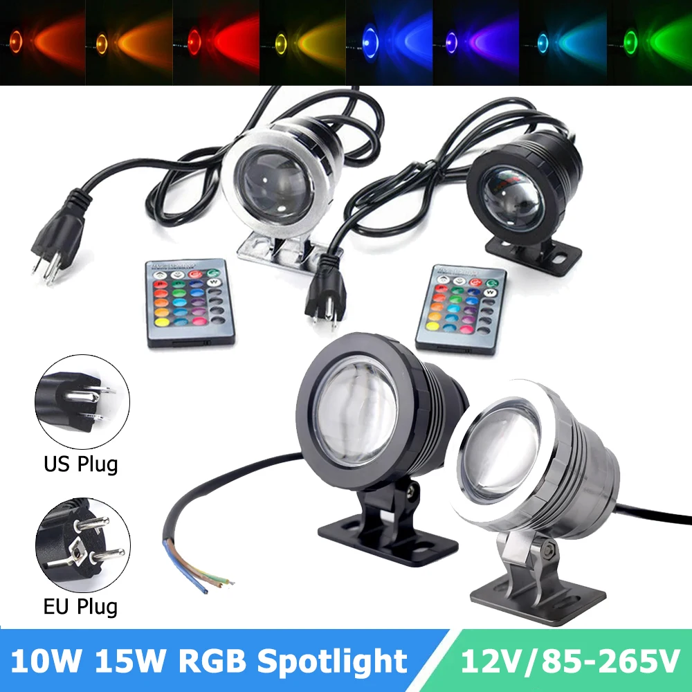 Foco LED RGB impermeable para fuente, luz subacuática de 10W y 15W para piscina, acuario, 85-265V, enchufe europeo y estadounidense, lámpara de jardín al aire libre
