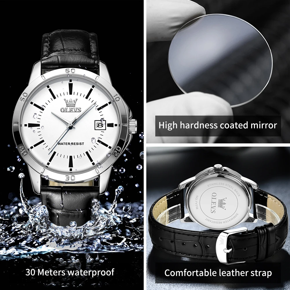 Reloj OLEVS para hombre, correa de cuero de moda, reloj de cuarzo resistente al agua para hombre, calendario sencillo, relojes de pulsera de vestir para hombre, exfoliante nuevo