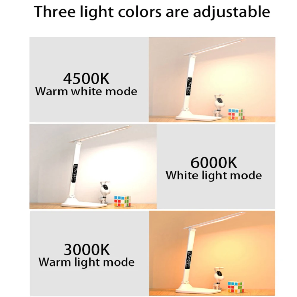 Lámpara de mesa plegable, lectura USB, protección ocular regulable táctil con despertador, termómetro, lámpara LED de escritorio, luz nocturna con carga USB