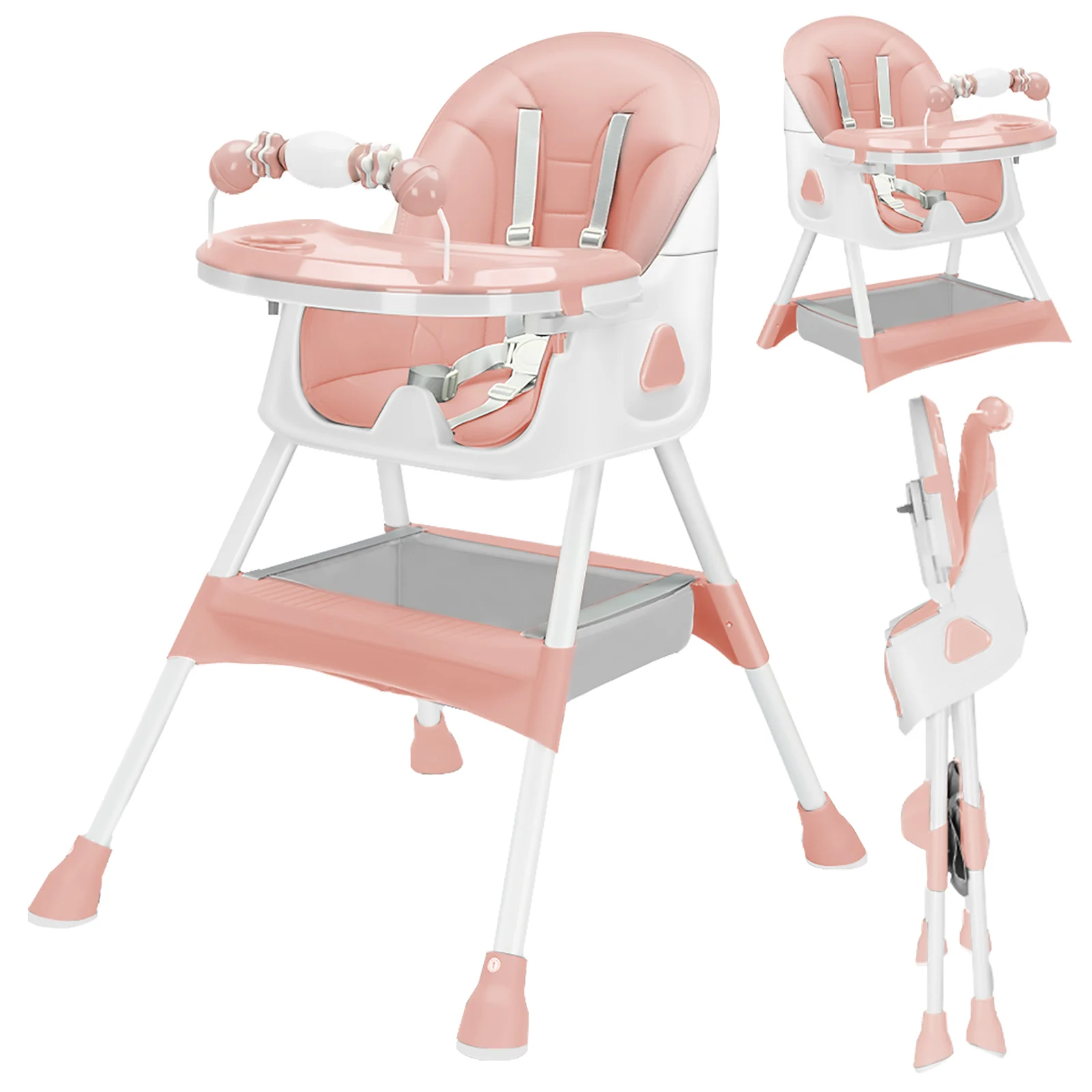 Trona para bebé 3 en 1, trona plegable y ajustable para bebés con bandeja extraíble, cinturón de seguridad, reposapiés y ruedas